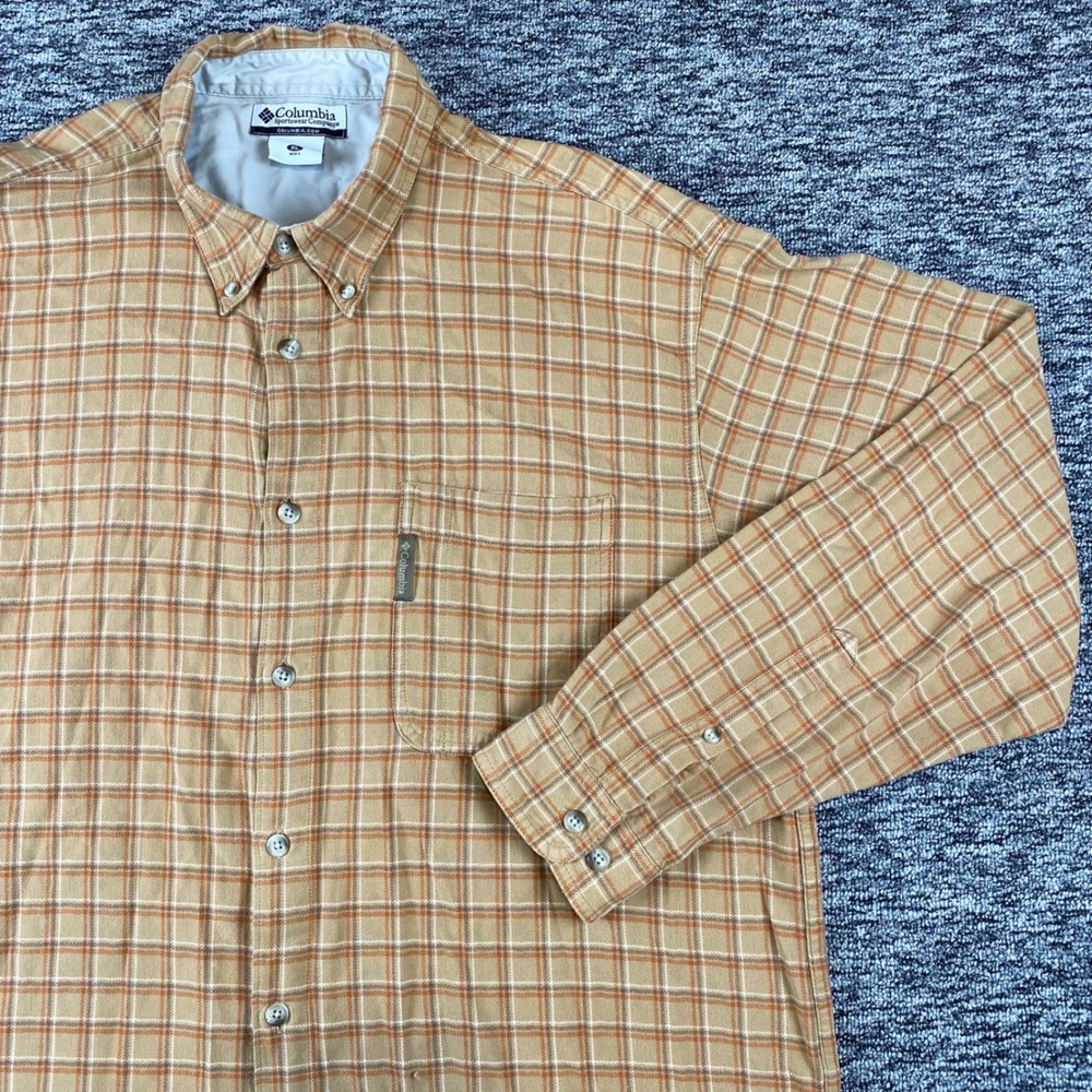 Vintage Columbia Mens XL Plaid Cotton Button Down Shirt 2004 Tan Orange